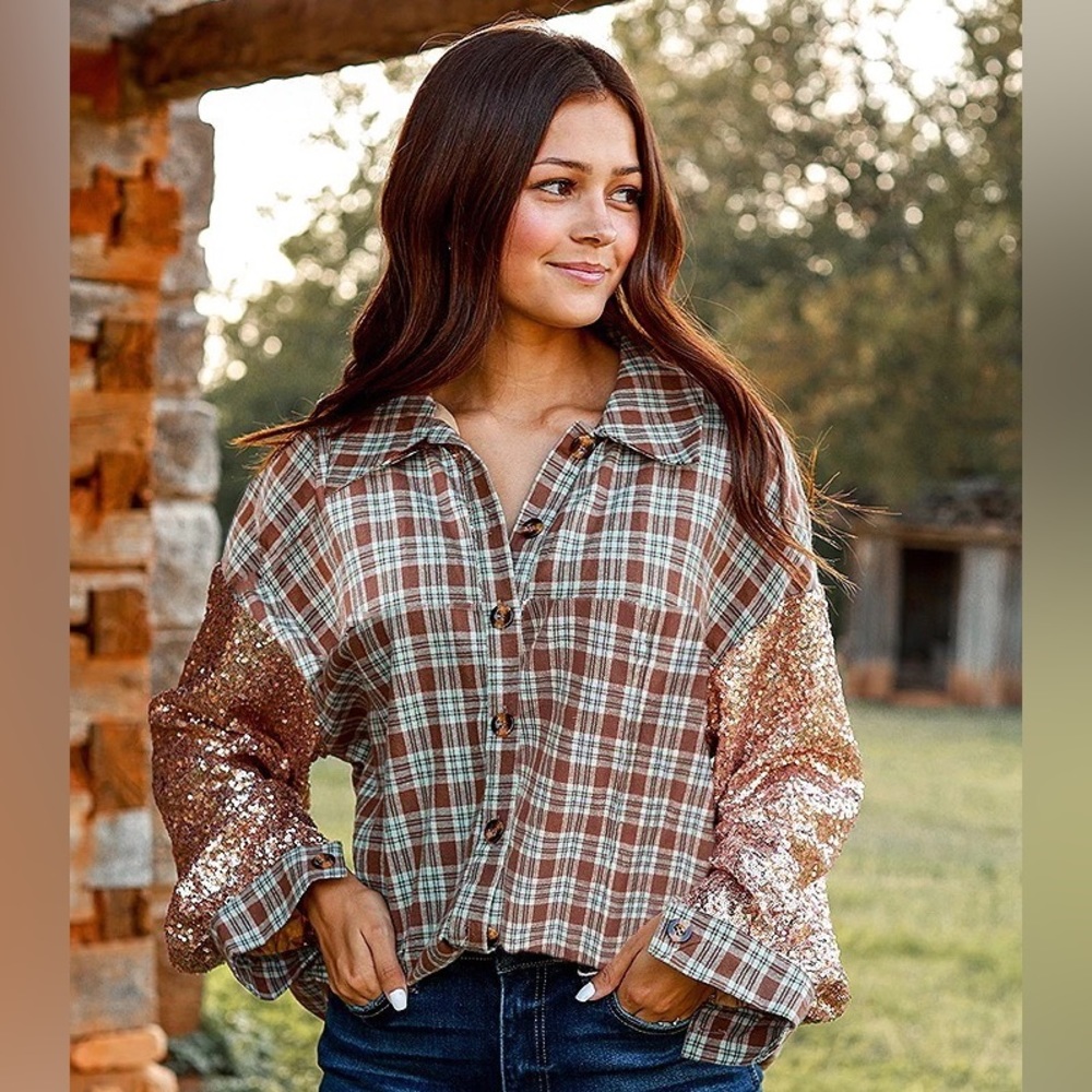 Sequined Flannel Button up blouse. Taupe, blue & rose gold! New with tags!